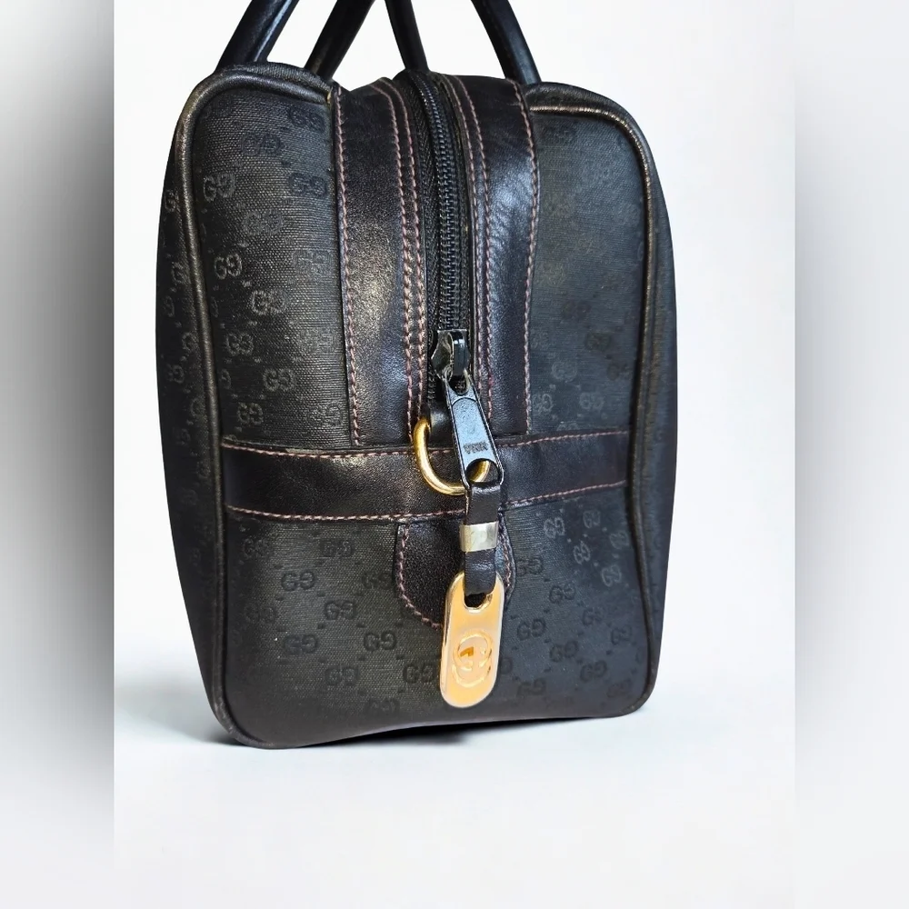 Gucci Vintage Boston Bag â Black Monogram Canvas w/ Gold Hardware - Picture 3 of 9